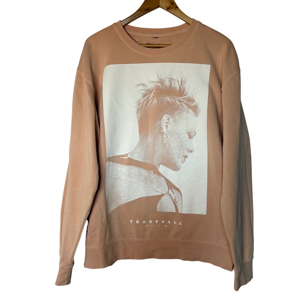 PINK Sweatshirt Sz L Crewneck Trustfall Graphic Print Portrait Peach